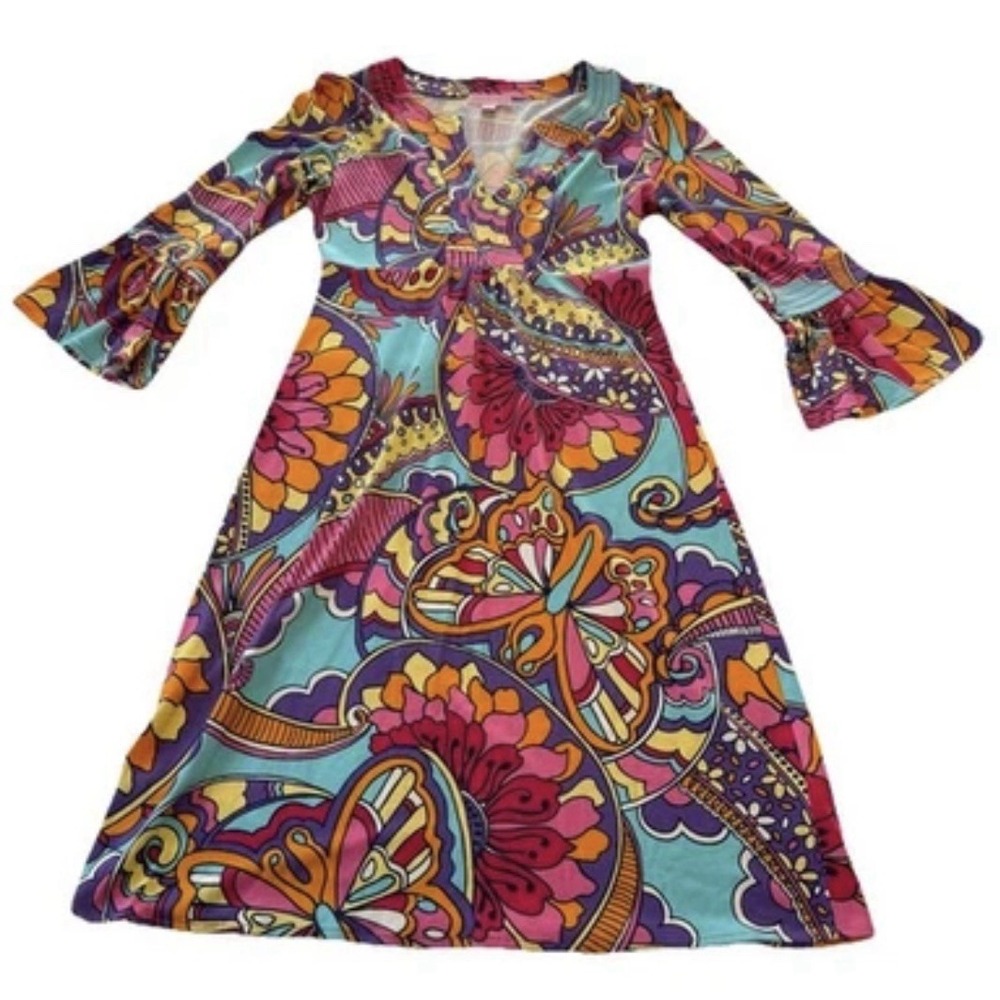 Lilly Pulitzer Optical Confusion Mod‎ 70's Butterfly Bell Sleeve Dress Size XS